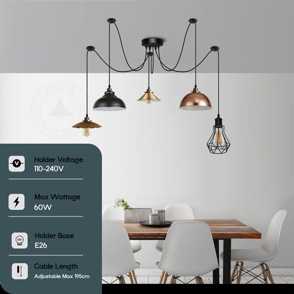 5-way spider pendant light, vintage industrial style