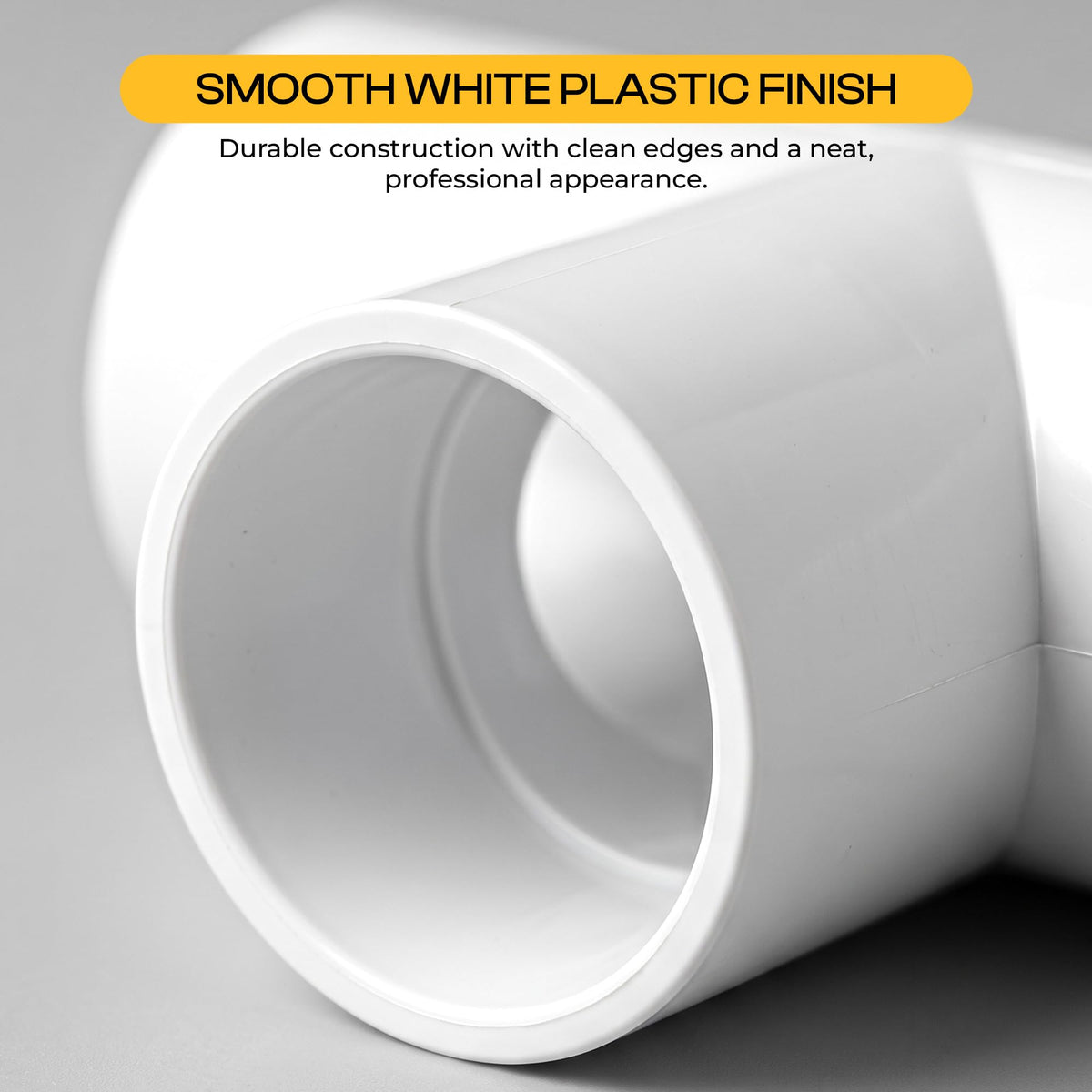  smooth white plastic PVC tee pipe fitting with clean, chamfered edges