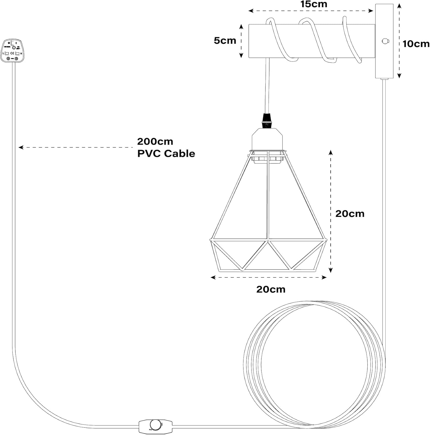 Industrial Wall Light Plug-In Dimmable with Wood & Metal Cage Black ~1154