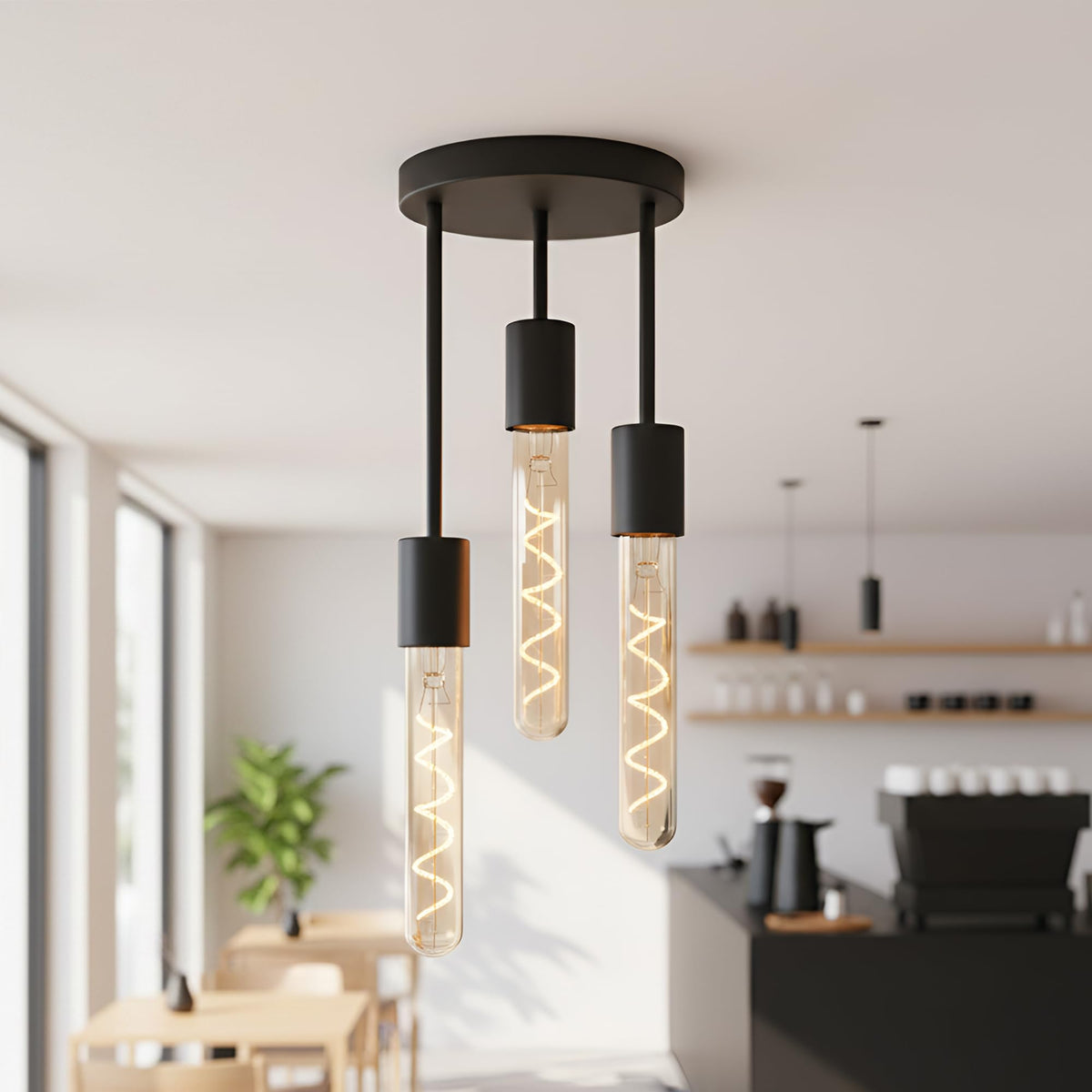 3 Light E27 Semi Flush Ceiling Light – Black Metal ~1224