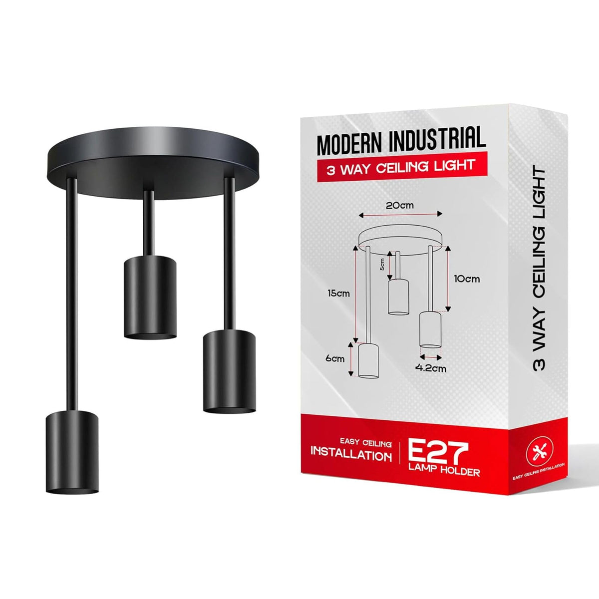 3 Light E27 Semi Flush Ceiling Light – Black Metal ~1224