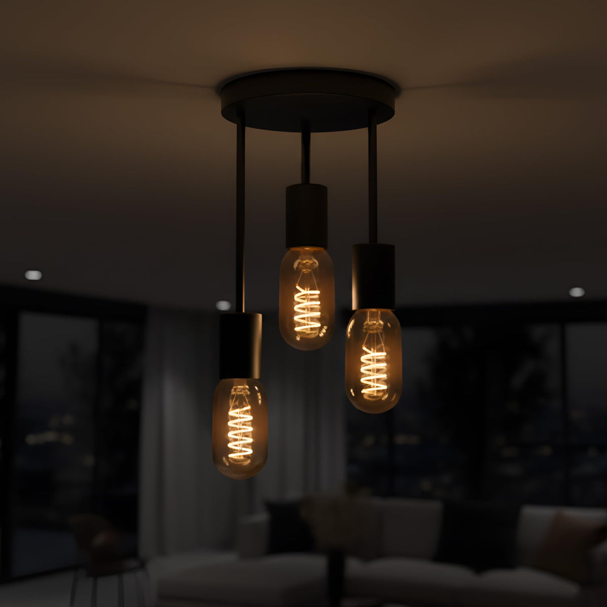 3 Light E27 Semi Flush Ceiling Light – Black Metal ~1224