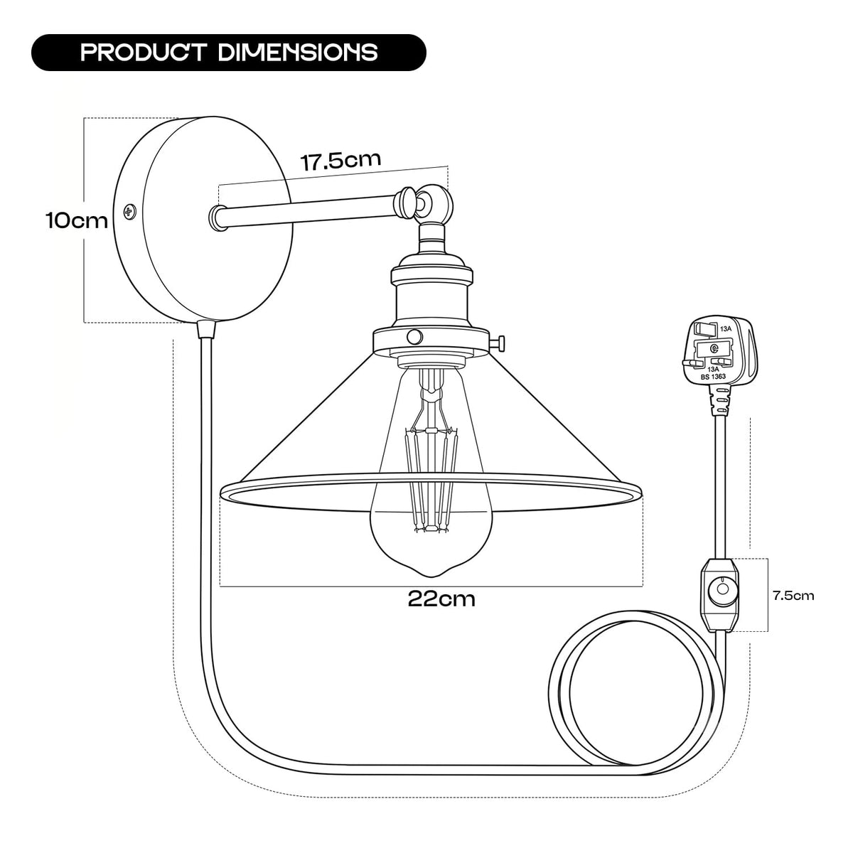 Industrial Plug-in Wall Light | Adjustable Brass Arm & Dimmer E27 ~1204