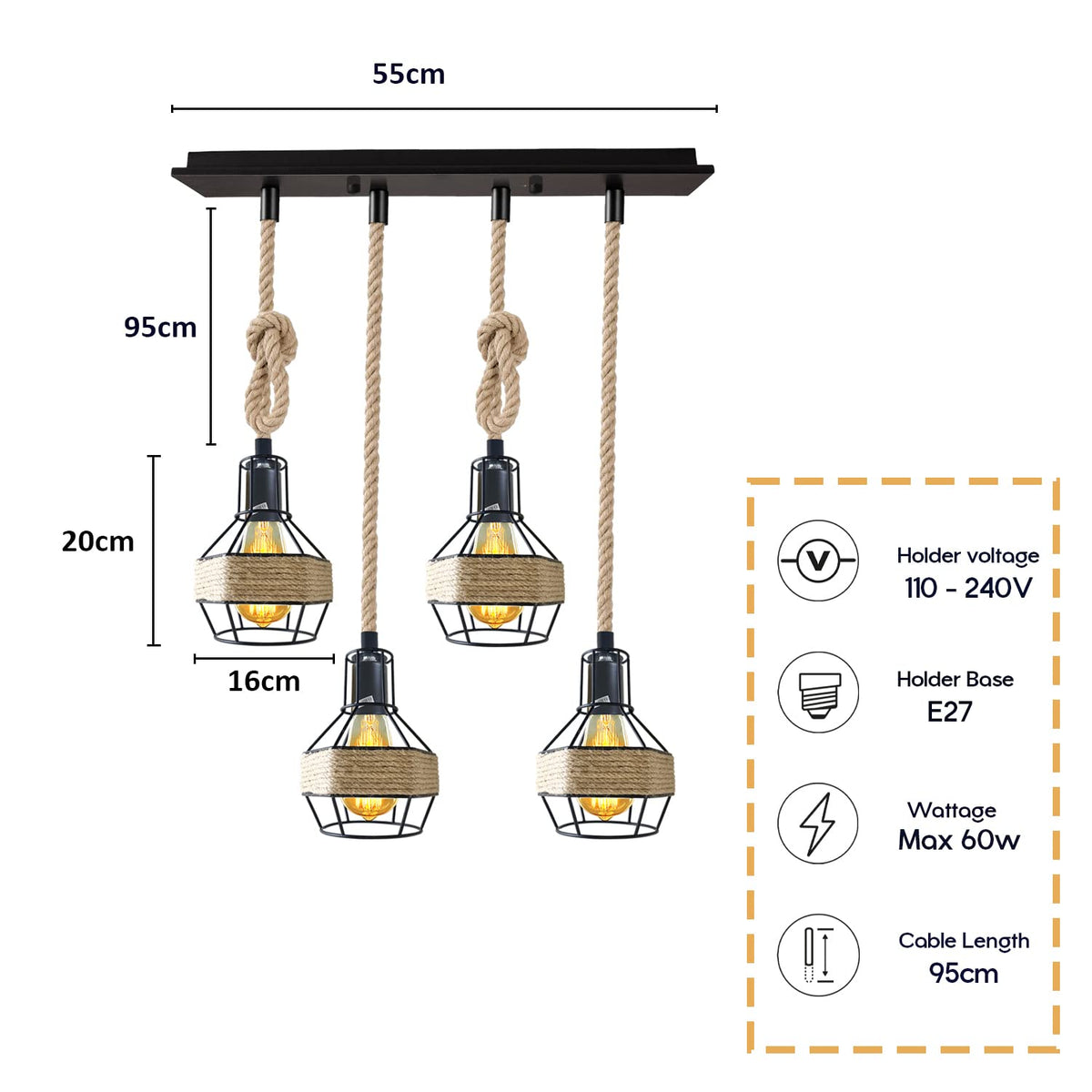 Retro Hemp Rope Ceiling Pendant Light Ceiling Rose With Adjustable ~1214