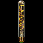 T185 E27 LED filament bulb, amber glass, spiral filament, lit, on a black background