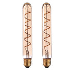 T185 E27 LED filament bulb, amber glass, spiral filament, lit, two bulbs on a white background
