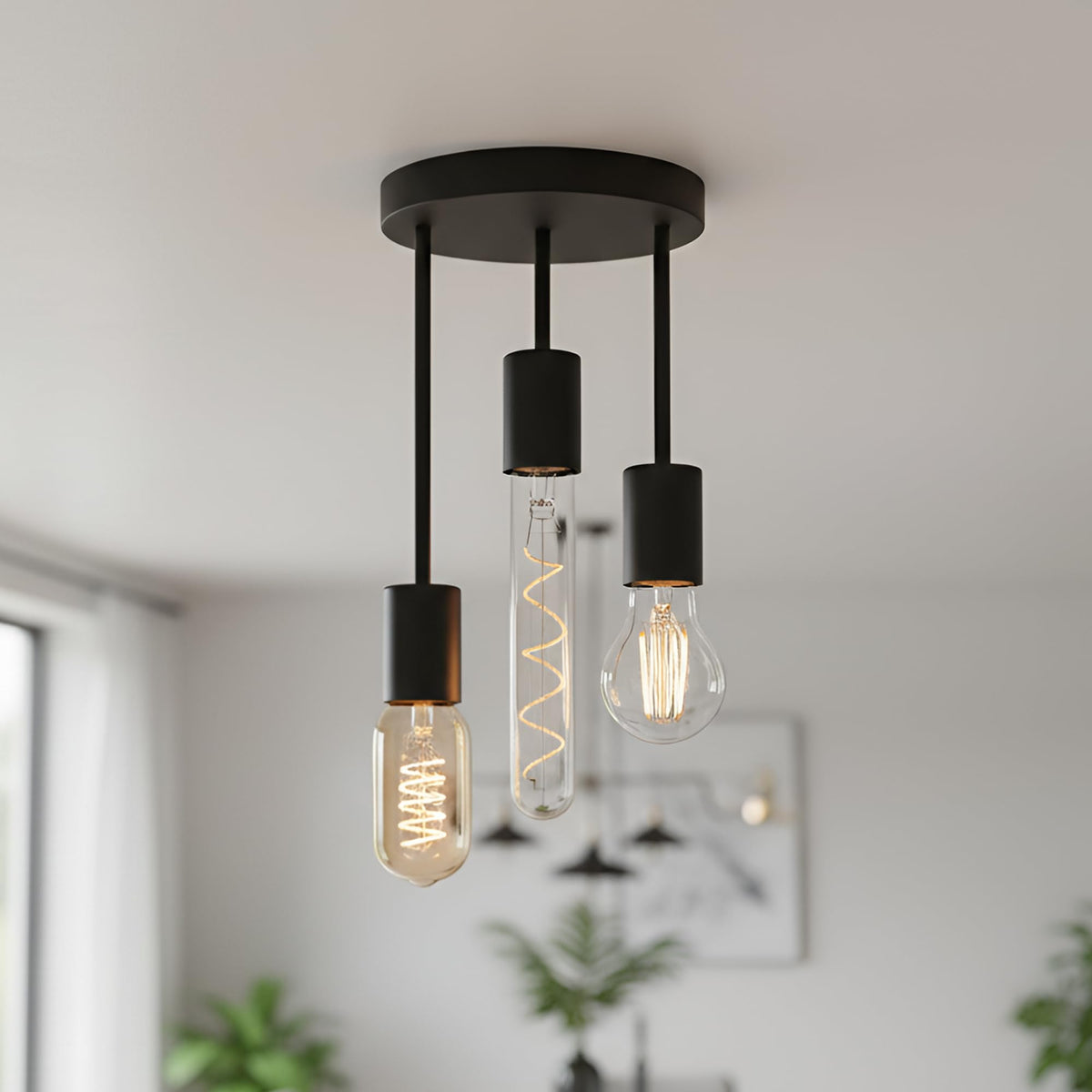 3 Light E27 Semi Flush Ceiling Light – Black Metal ~1224