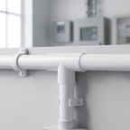 PVC T-shaped 3-way pipe coupling connector securing a perpendicular branch junction