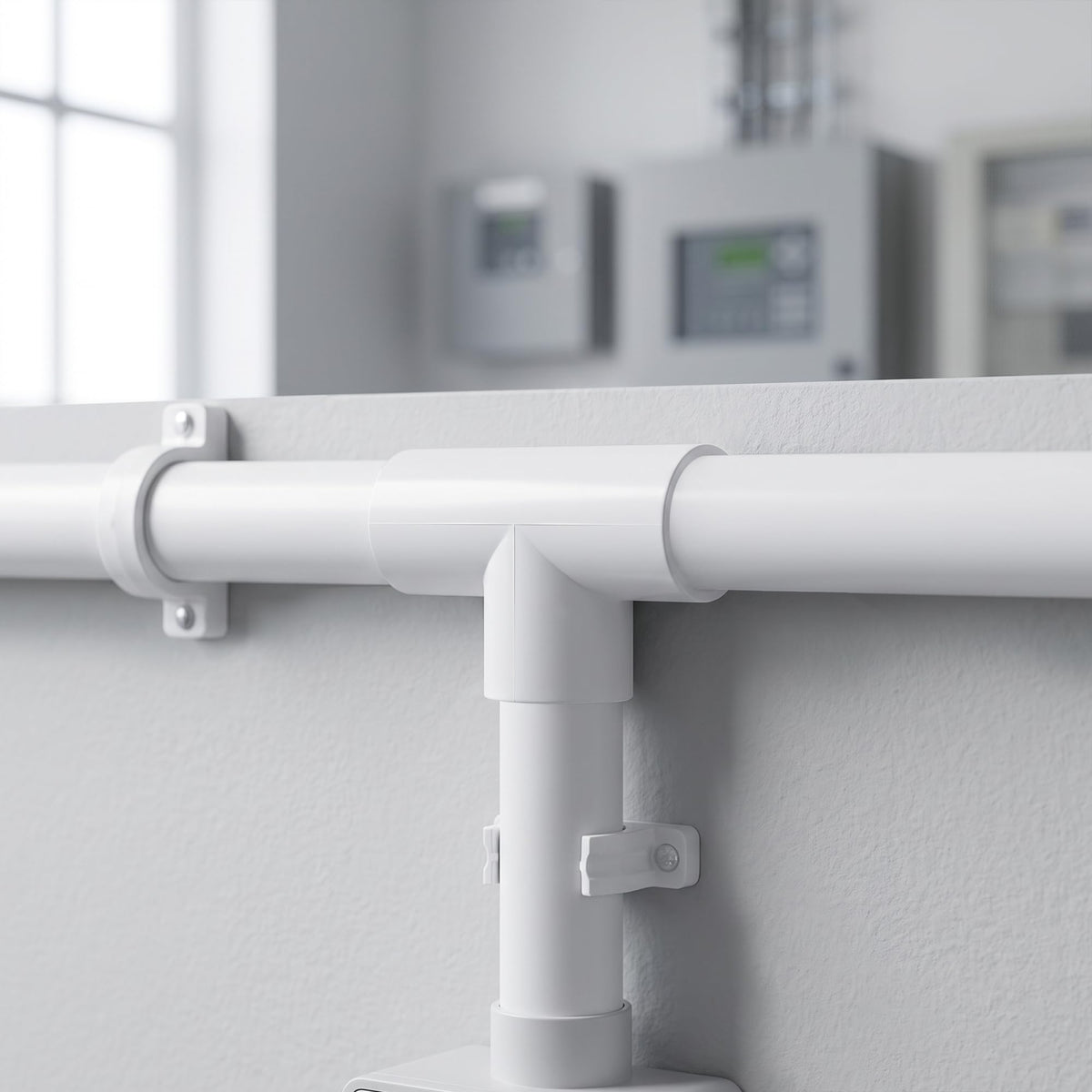 PVC T-shaped 3-way pipe coupling connector securing a perpendicular branch junction