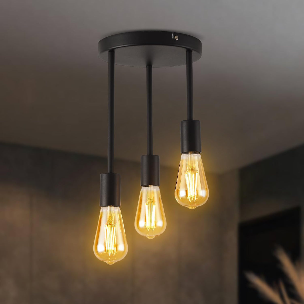 3 Light E27 Semi Flush Ceiling Light – Black Metal ~1224