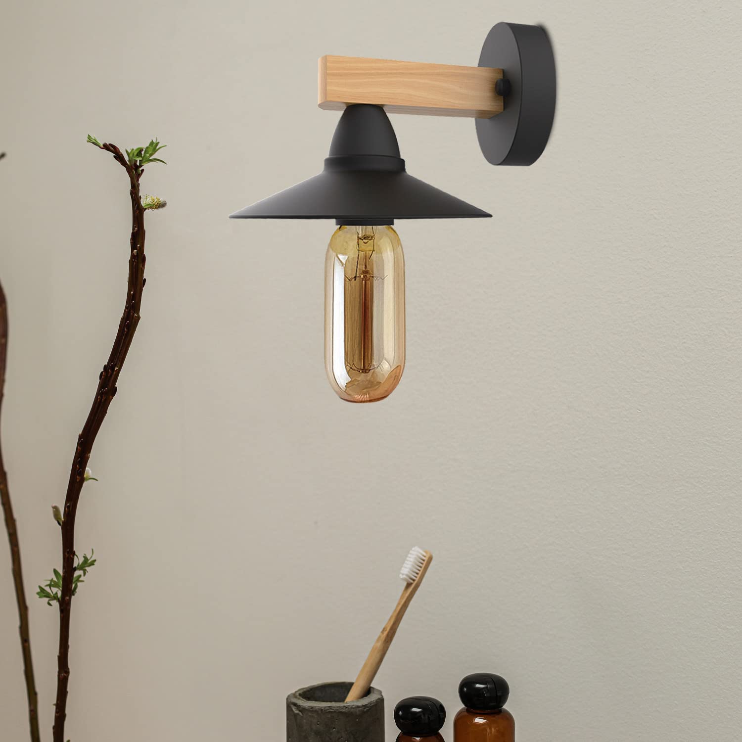 Modern Vintage Wood Arm Wall Sconce – Black Metal E27 ~1075