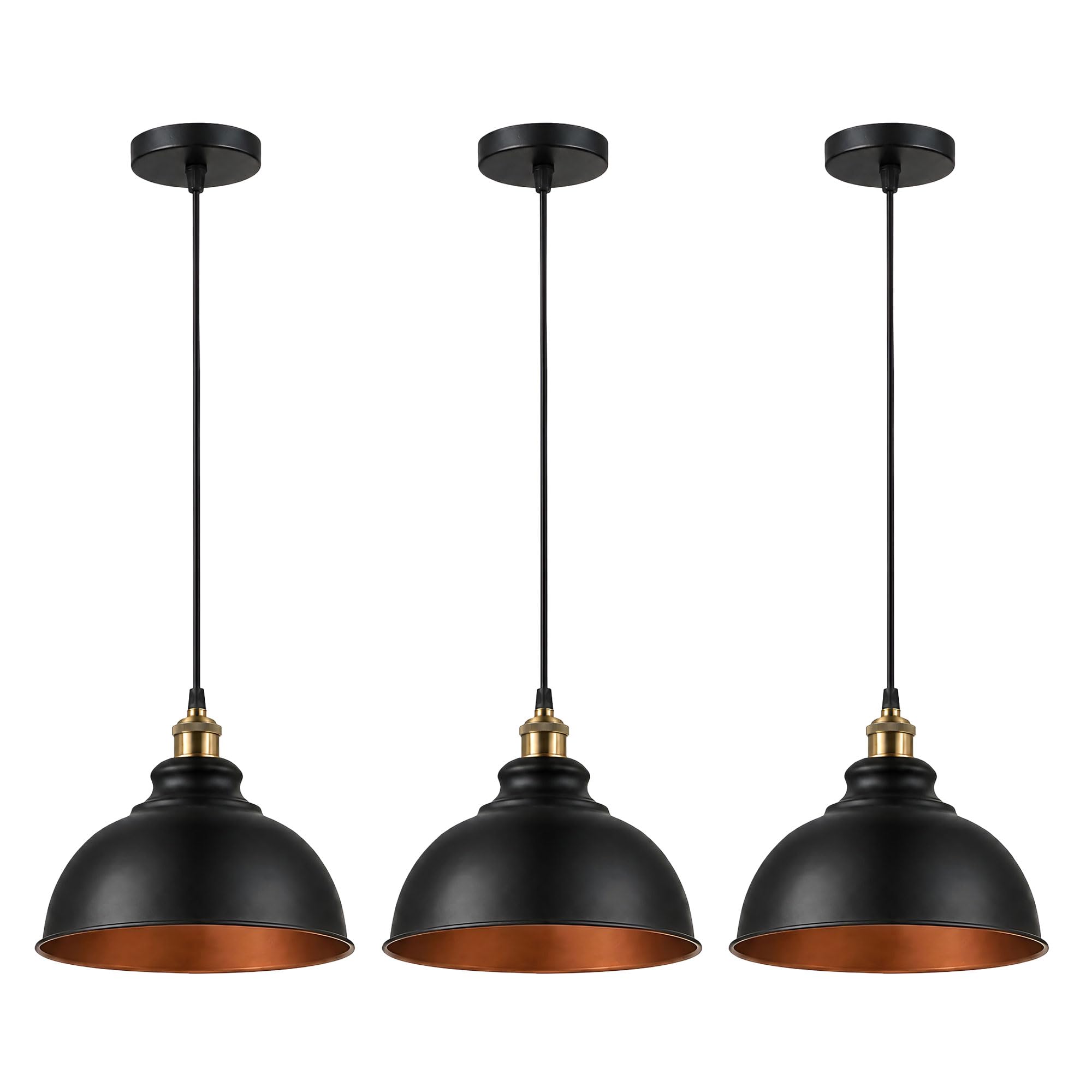 Three black vintage industrial pendant lights with metal shades