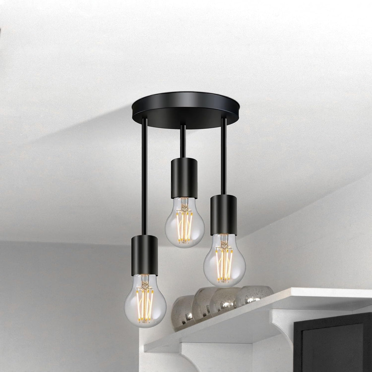 3 Light E27 Semi Flush Ceiling Light – Black Metal ~1224