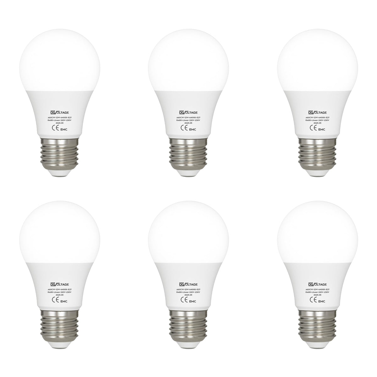 6 Pack E27 A60 LED Bulbs 12W 100W Equivalent 6400K ~1213