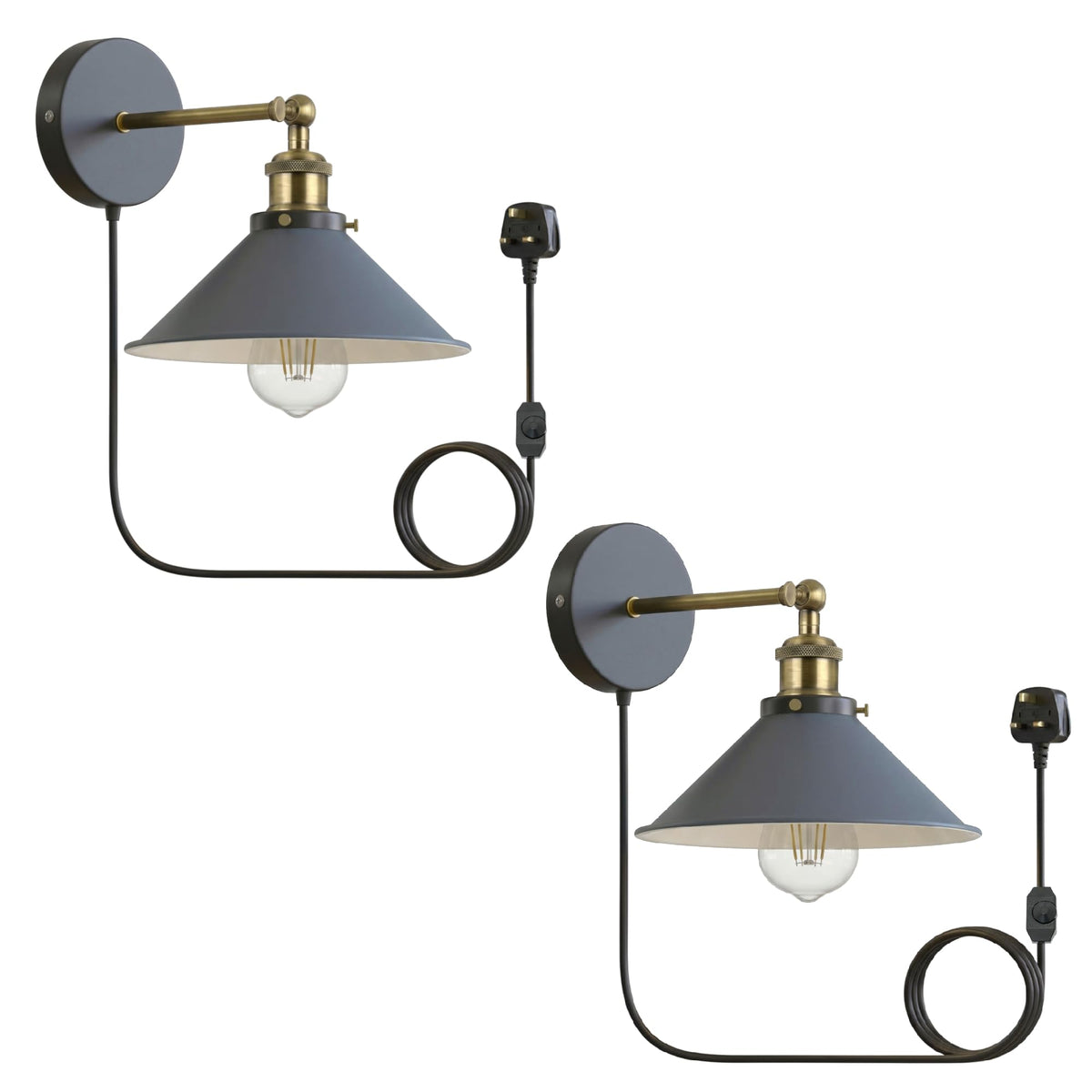 2 Pack Industrial Plug-In E27 Wall Light with Dimmer Switch – 2m Cord ~1205