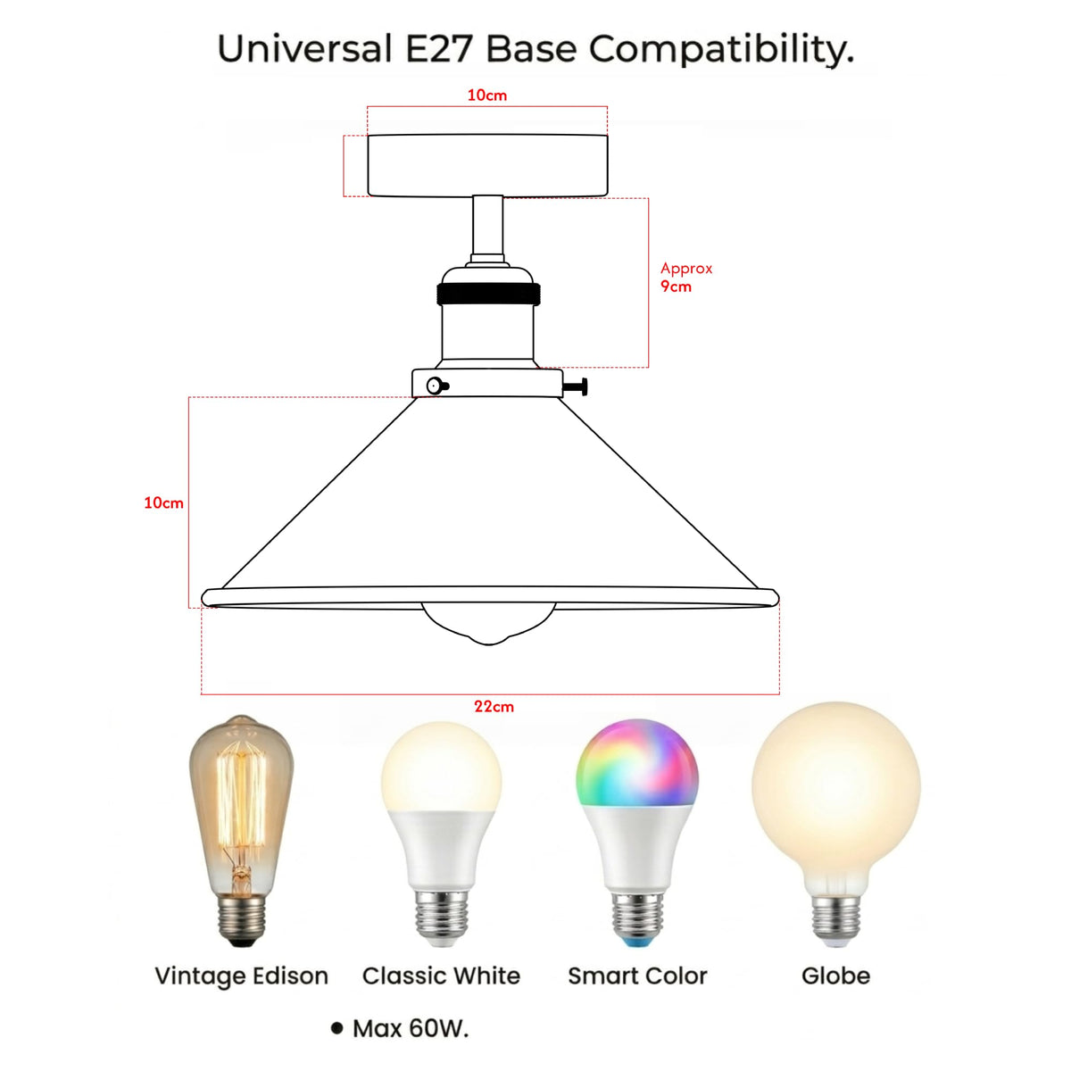Modern Flush Mount E27 Flush Ceiling Light – Metal Cone Shade ~1218
