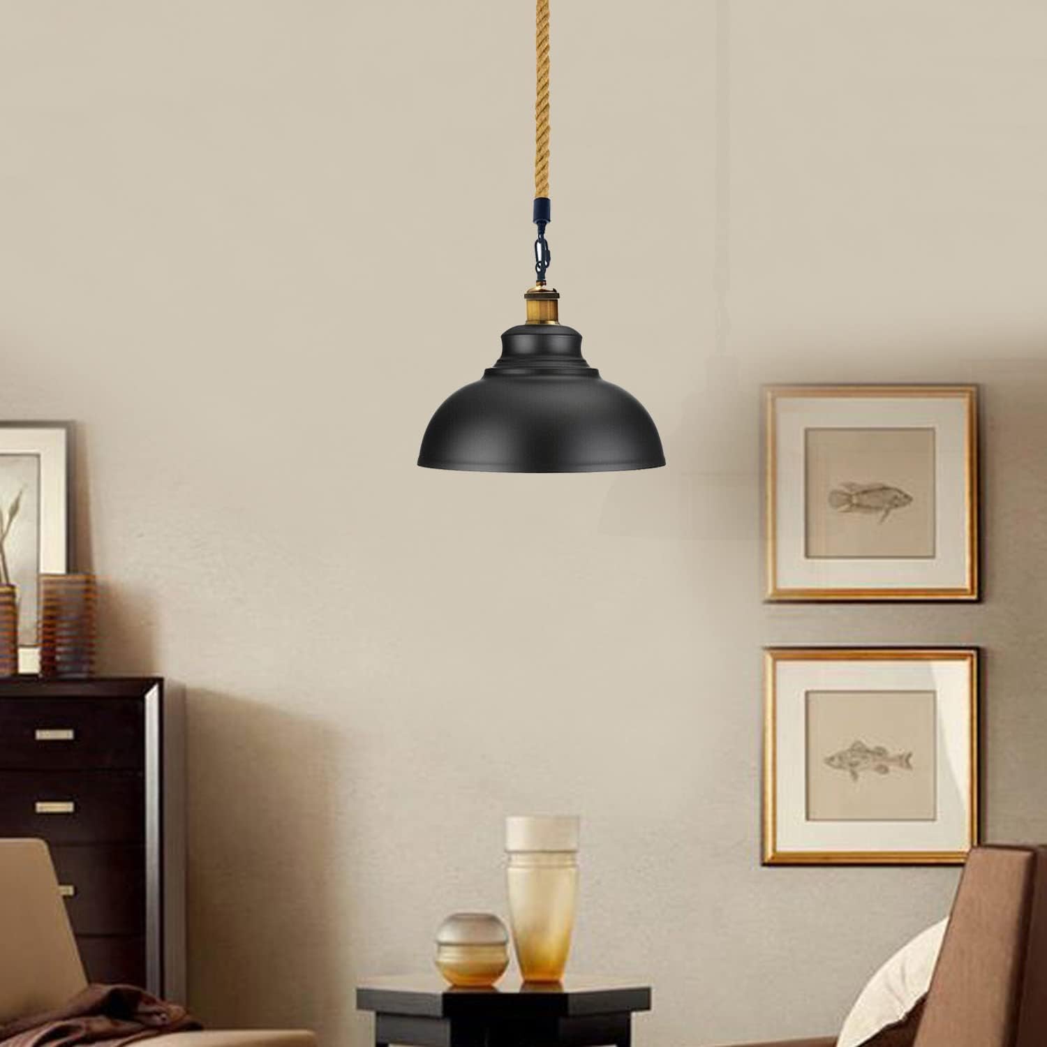 Vintage Hemp Rope Pendant Light | Industrial Metal Hanging Lamp ~1033