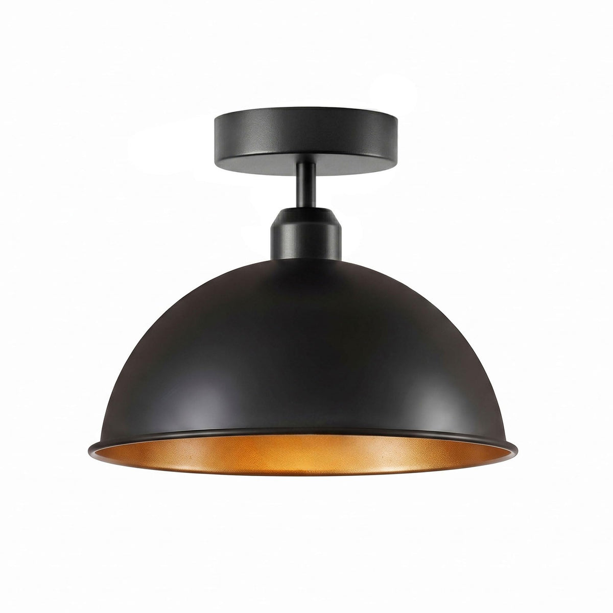 industrial-style, semi-flush mount ceiling light with a black dome shade and a gold/brass interior finish