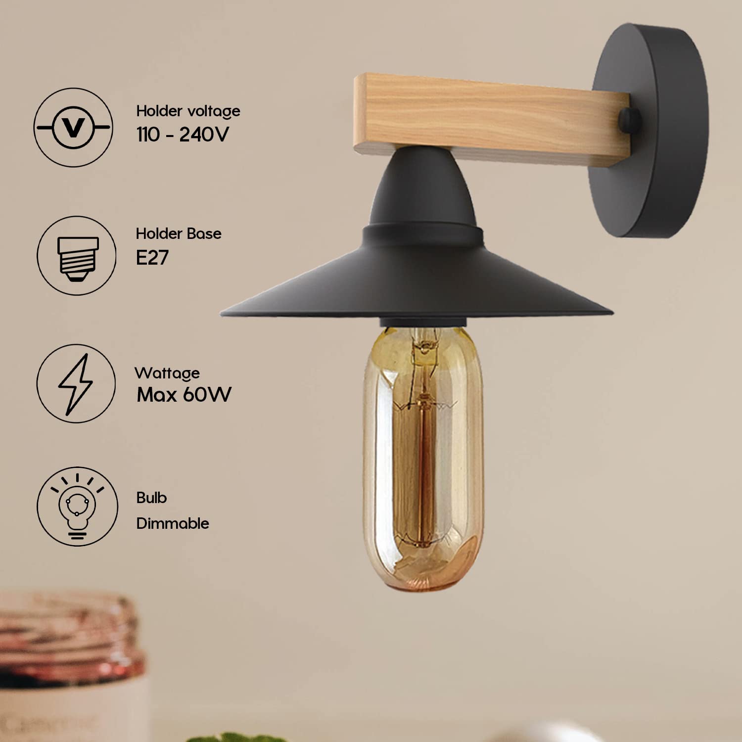 Modern Vintage Wood Arm Wall Sconce – Black Metal E27 ~1075