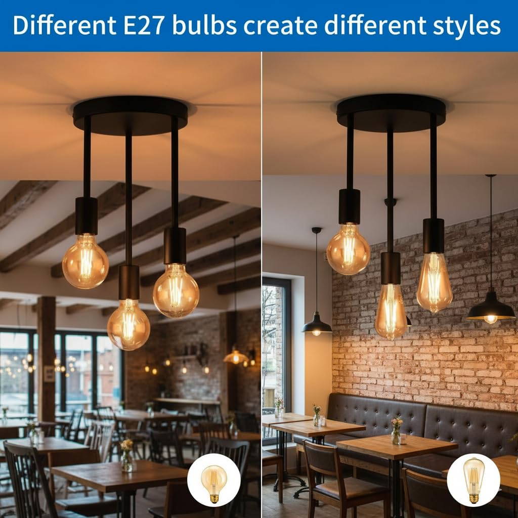 3 Light E27 Semi Flush Ceiling Light – Black Metal ~1224