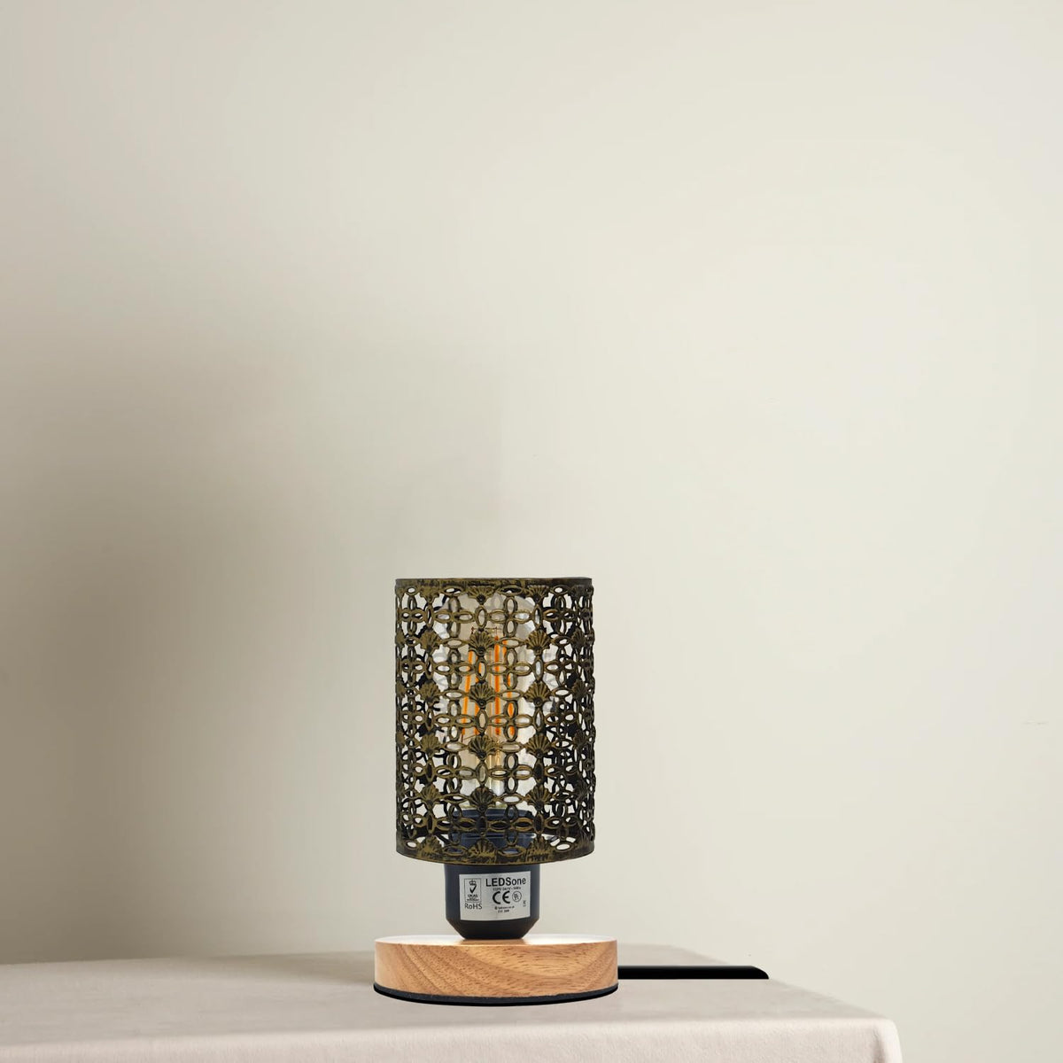 Vintage E27 Table Lamp with Barrel Cage & Wooden Stand