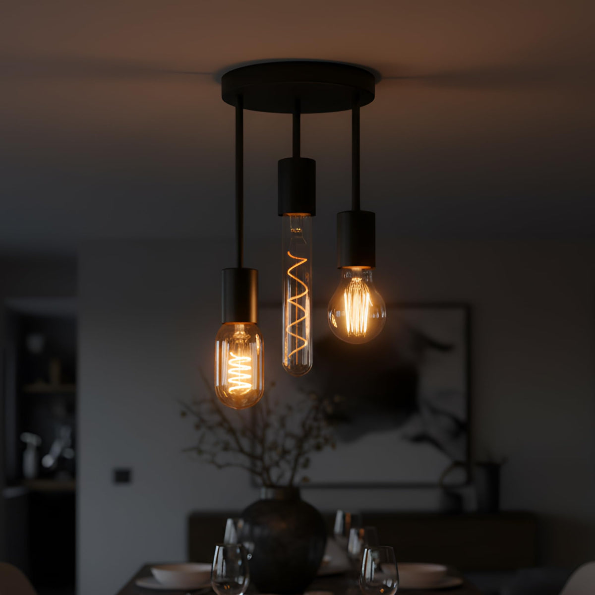 3 Light E27 Semi Flush Ceiling Light – Black Metal ~1224