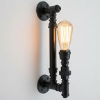 Wall-mounted industrial-style light fixture with a glowing bulb on a plain background