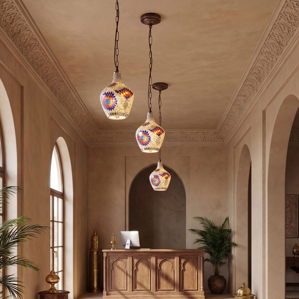 Moroccan mosaic ceiling light with chain suspension
E27 hanging Moroccan pendant with metal ceiling fitting
