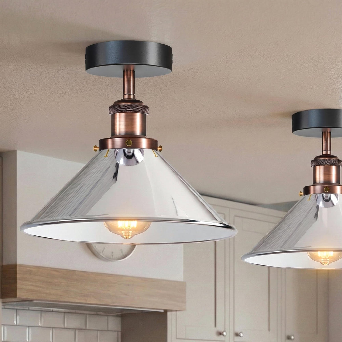 Modern Flush Mount E27 Flush Ceiling Light – Metal Cone Shade ~1218
