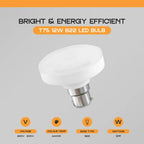 A bright white T75 12W B22 LED bulb with a bayonet metal base, 