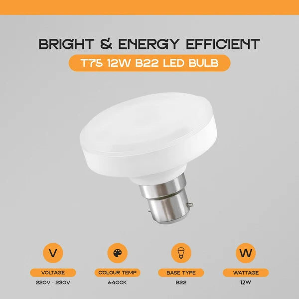 T75 B22 LED Bulb 12W 1206lm 6400K Cool White – Flat ~1229
