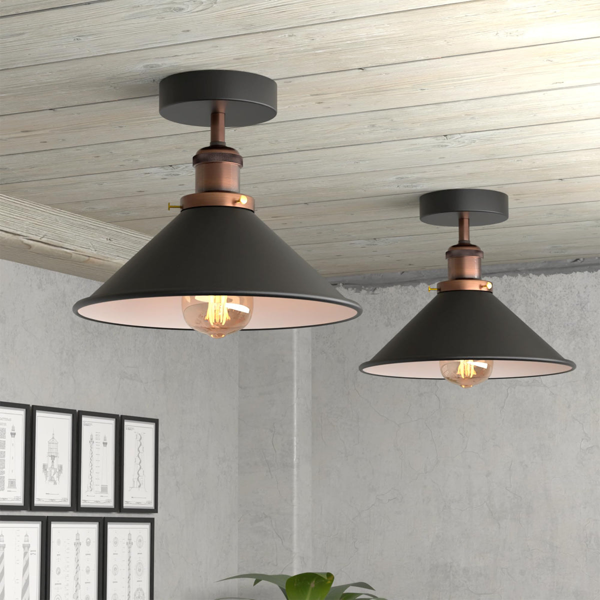 Modern Flush Mount E27 Flush Ceiling Light – Metal Cone Shade ~1218