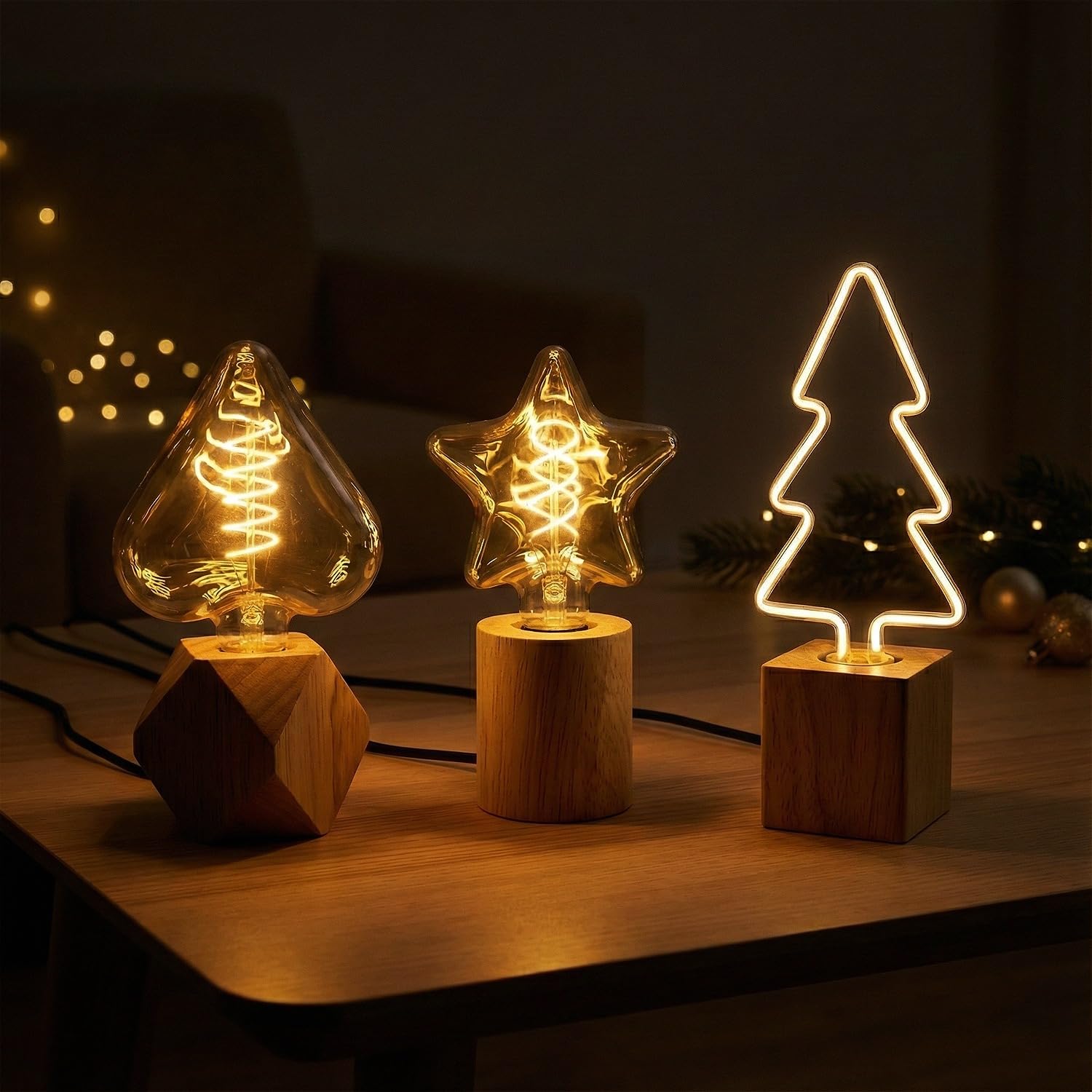 Modern Wooden Table Lamp with decorative bulb and UK plug