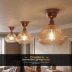 Semi Flush Ceiling Light Amber Ribbed Glass Shade E27 Ceiling Lamp~1207