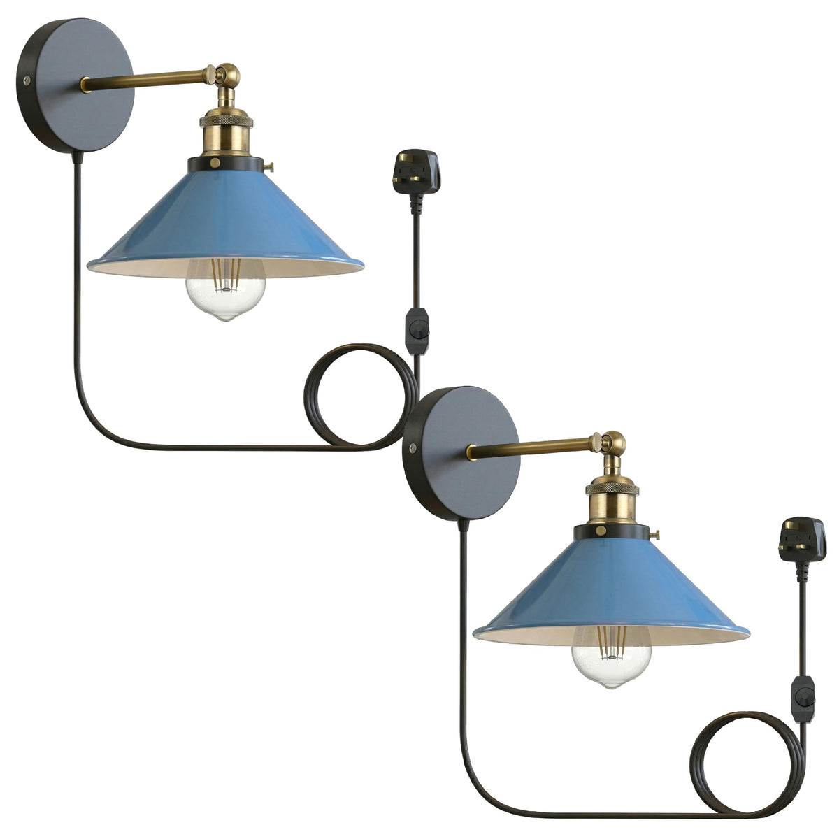 2 Pack Industrial Plug-In E27 Wall Light with Dimmer Switch – 2m Cord ~1205