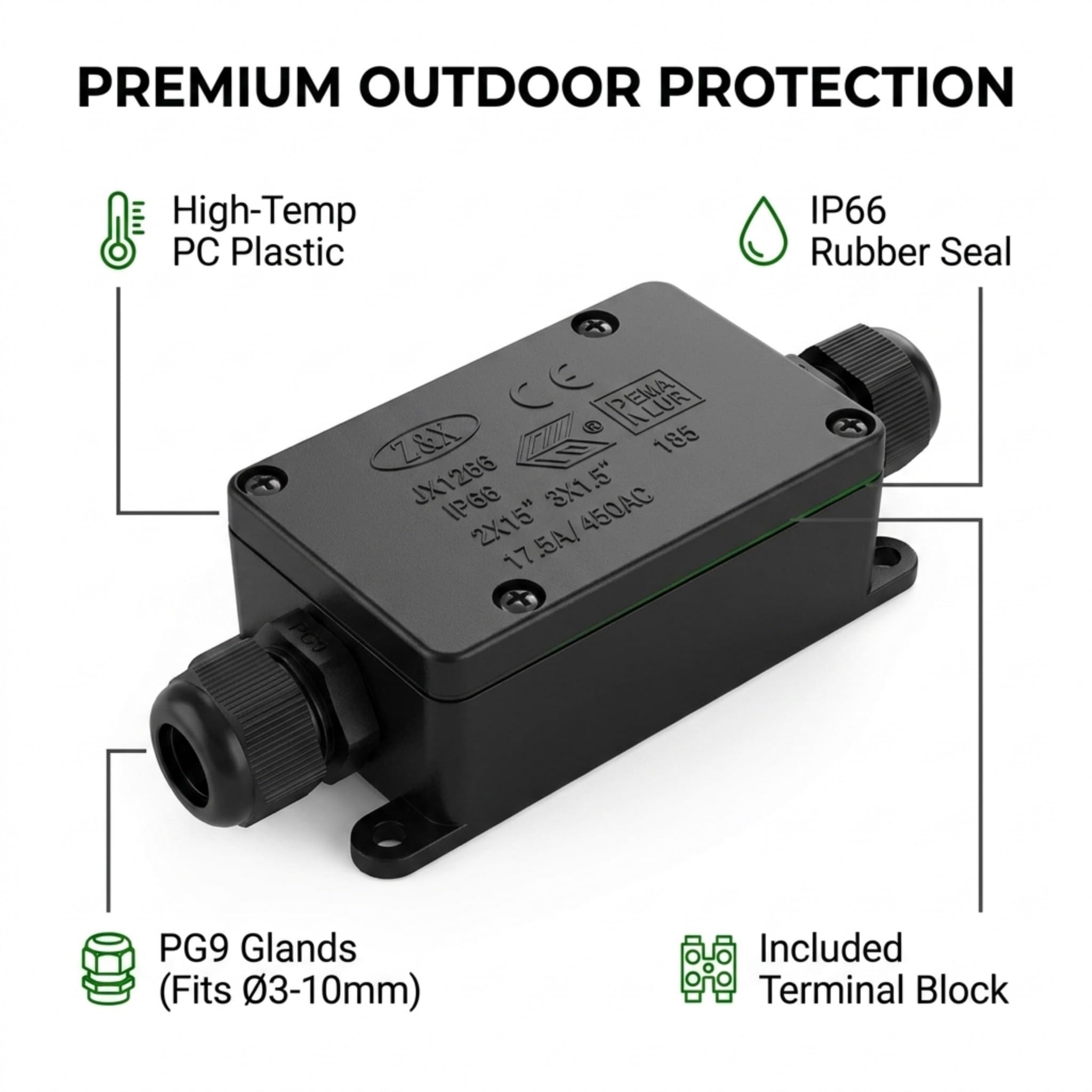 IP65 Waterproof Cable Junction Box – Black Outdoor Electric Connector ~1188