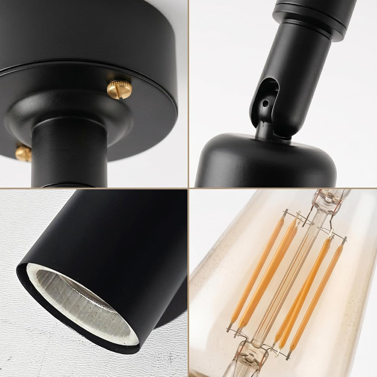 black modern pendant light fixture, showing the ceiling mount, adjustable neck, lampshade interior, and the clear glass bulb with visible warm-toned filaments.