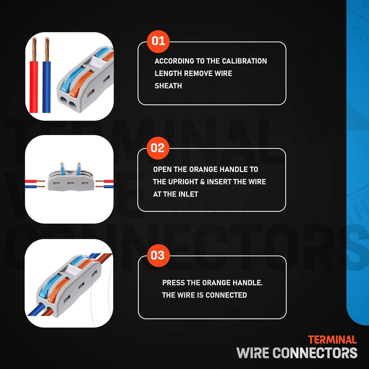 Step-by-step guide for using terminal wire connectors with text instructions