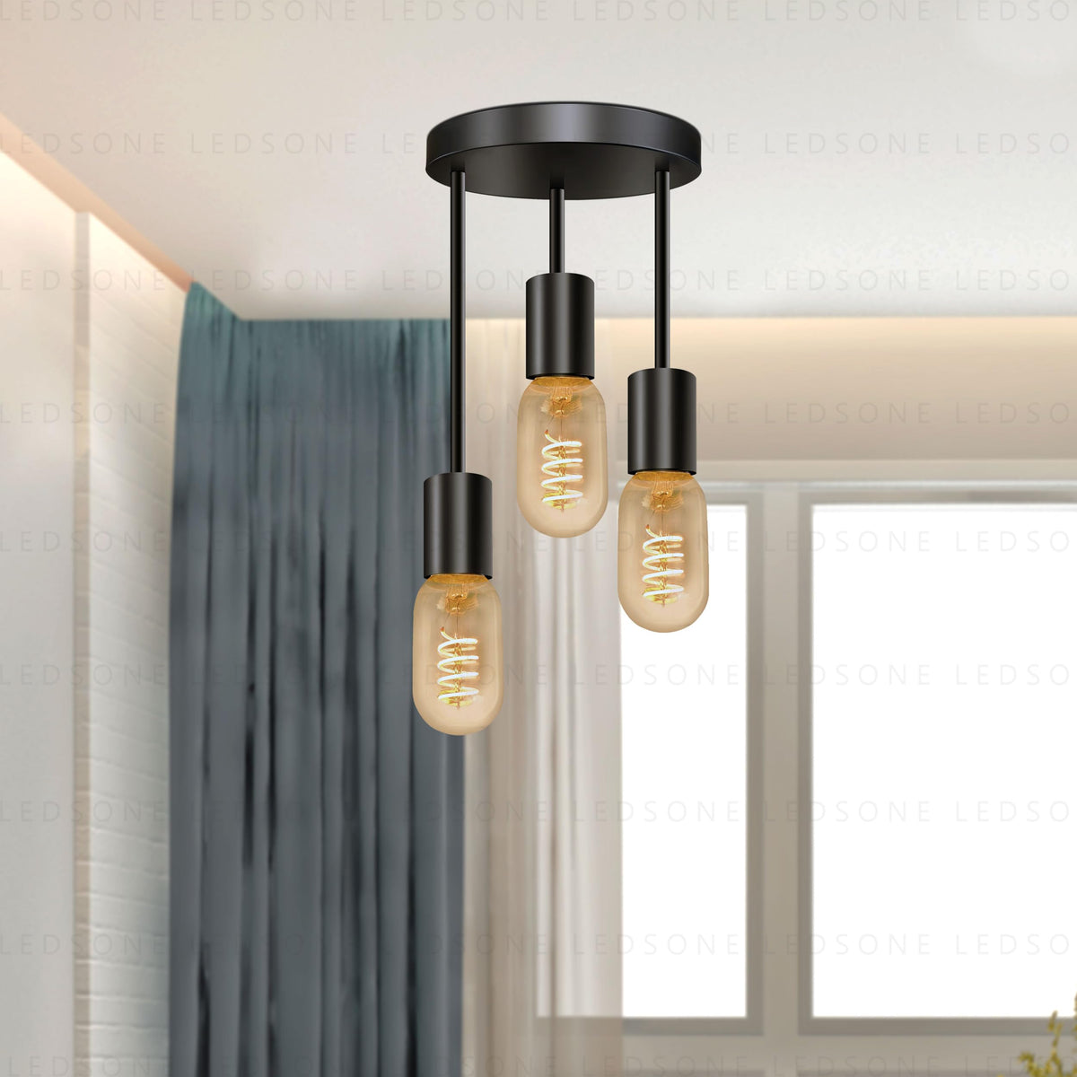 3 Light E27 Semi Flush Ceiling Light – Black Metal ~1224