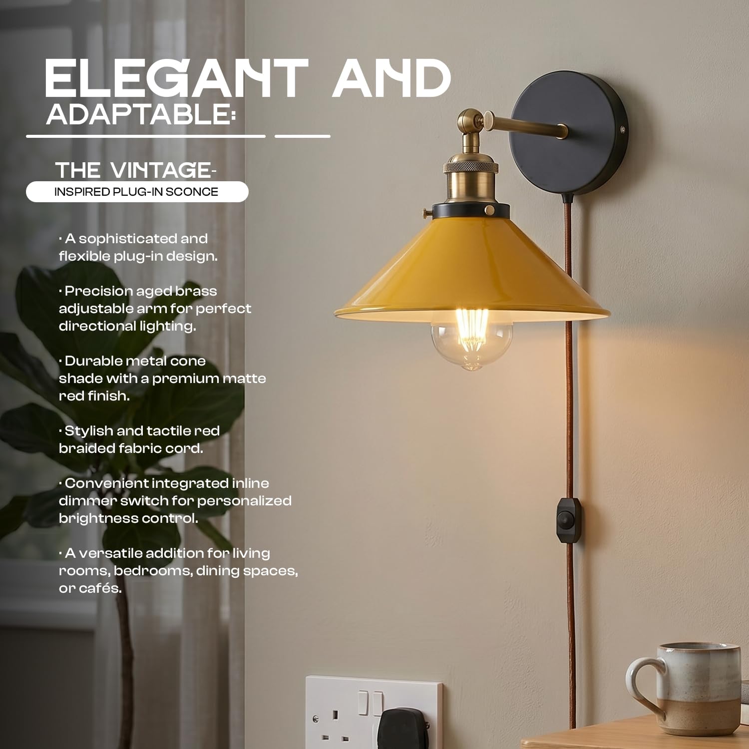 Industrial Plug-in Wall Light | Adjustable Brass Arm & Dimmer E27 ~1204
