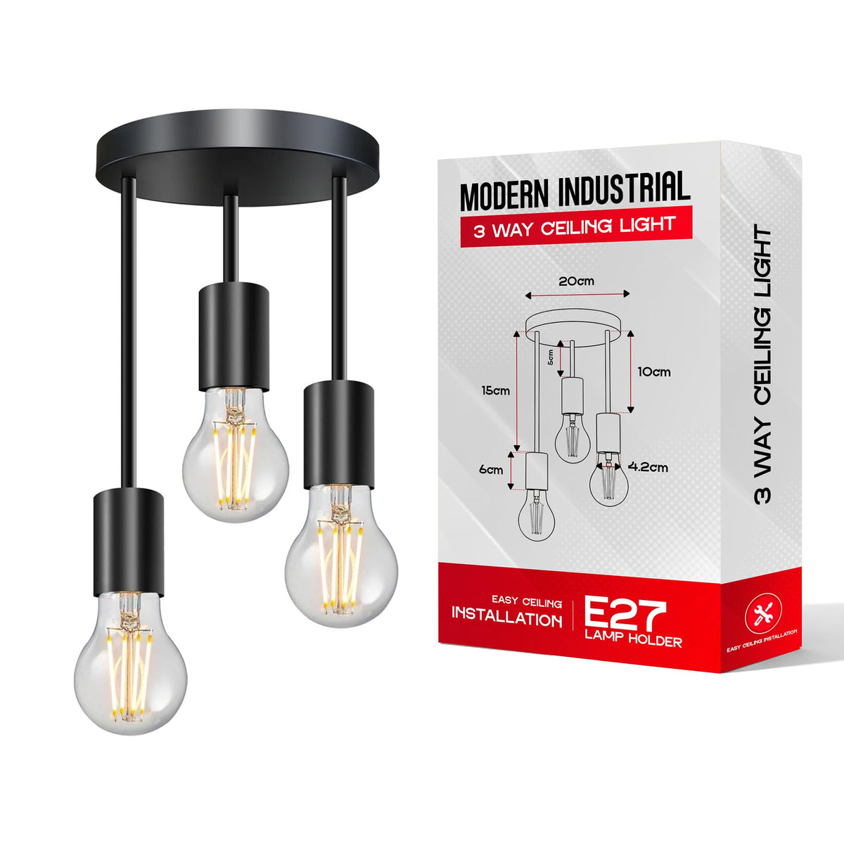 3 Light E27 Semi Flush Ceiling Light – Black Metal ~1224