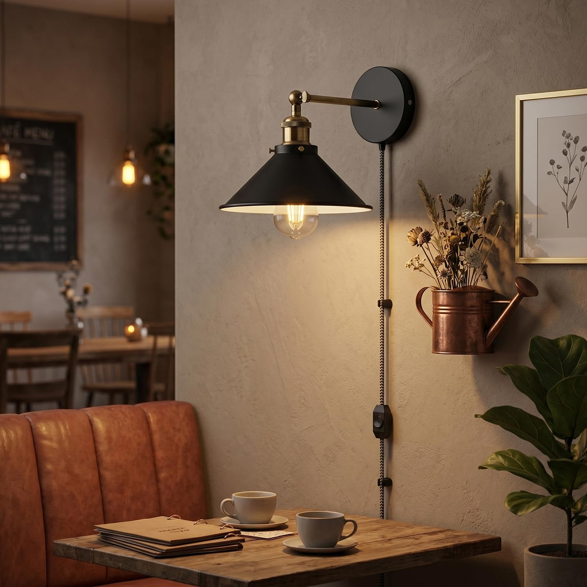 Industrial Plug-in Wall Light | Adjustable Brass Arm & Dimmer E27 ~1204