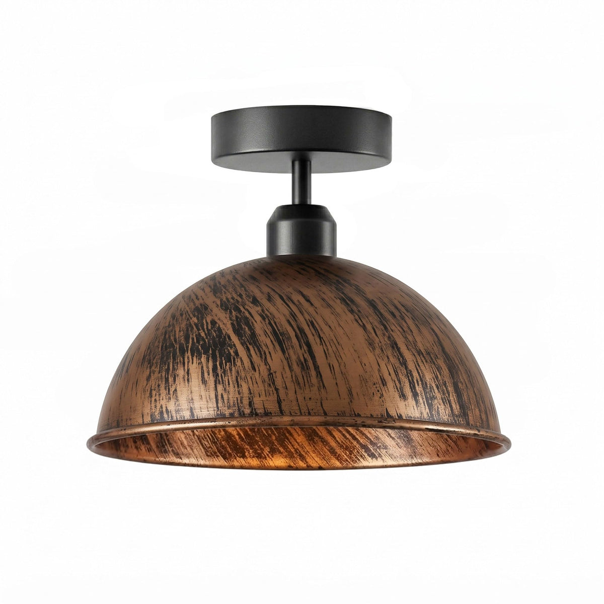 industrial semi-flush mount ceiling light with a brushed copper or rust-finish metal dome shade