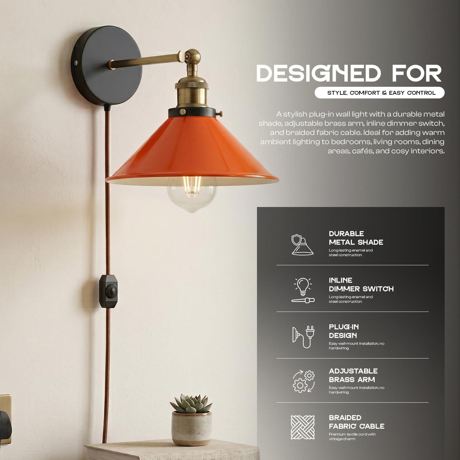 Industrial Plug-in Wall Light | Adjustable Brass Arm & Dimmer E27 ~1204