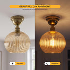 Semi Flush Ceiling Light Amber Ribbed Glass Shade E27 Ceiling Lamp~1207