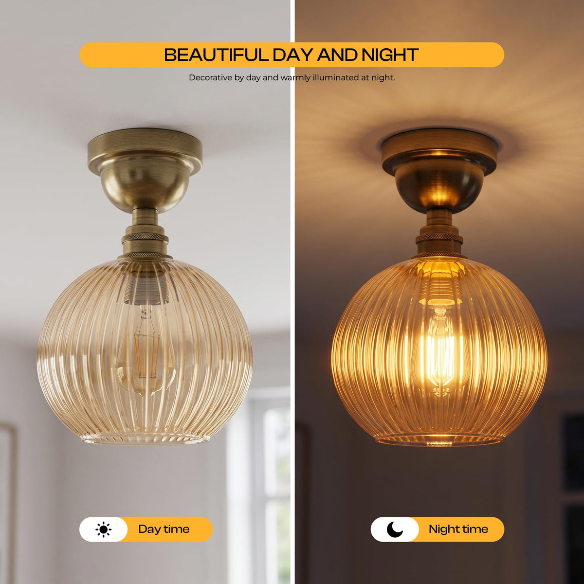 Semi Flush Ceiling Light Amber Ribbed Glass Shade E27 Ceiling Lamp~1207