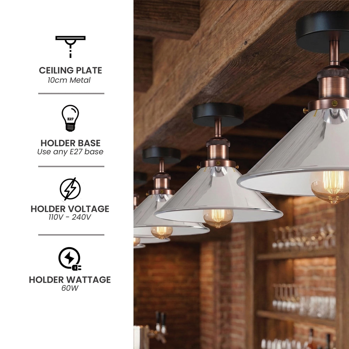 Modern Flush Mount E27 Flush Ceiling Light – Metal Cone Shade ~1218