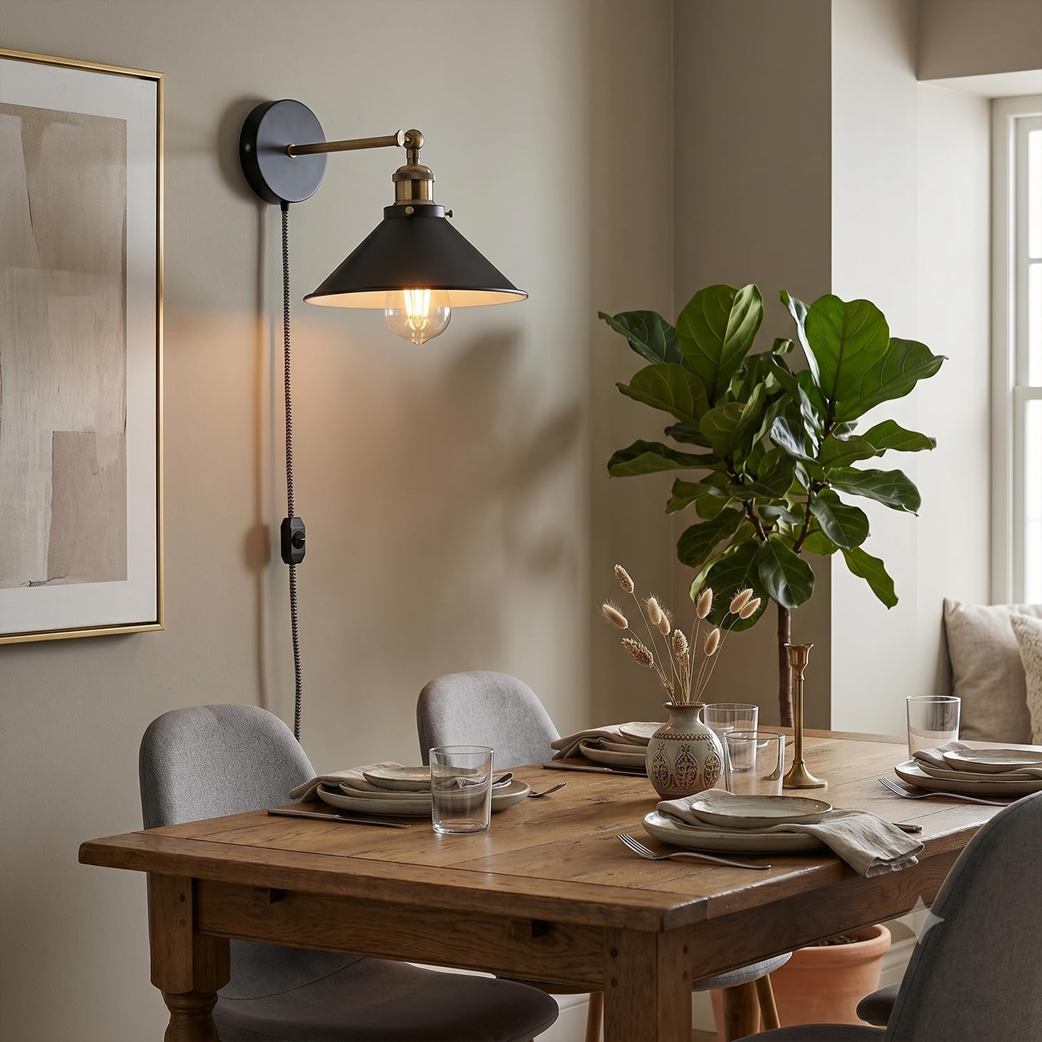 Industrial Plug-in Wall Light | Adjustable Brass Arm & Dimmer E27 ~1204