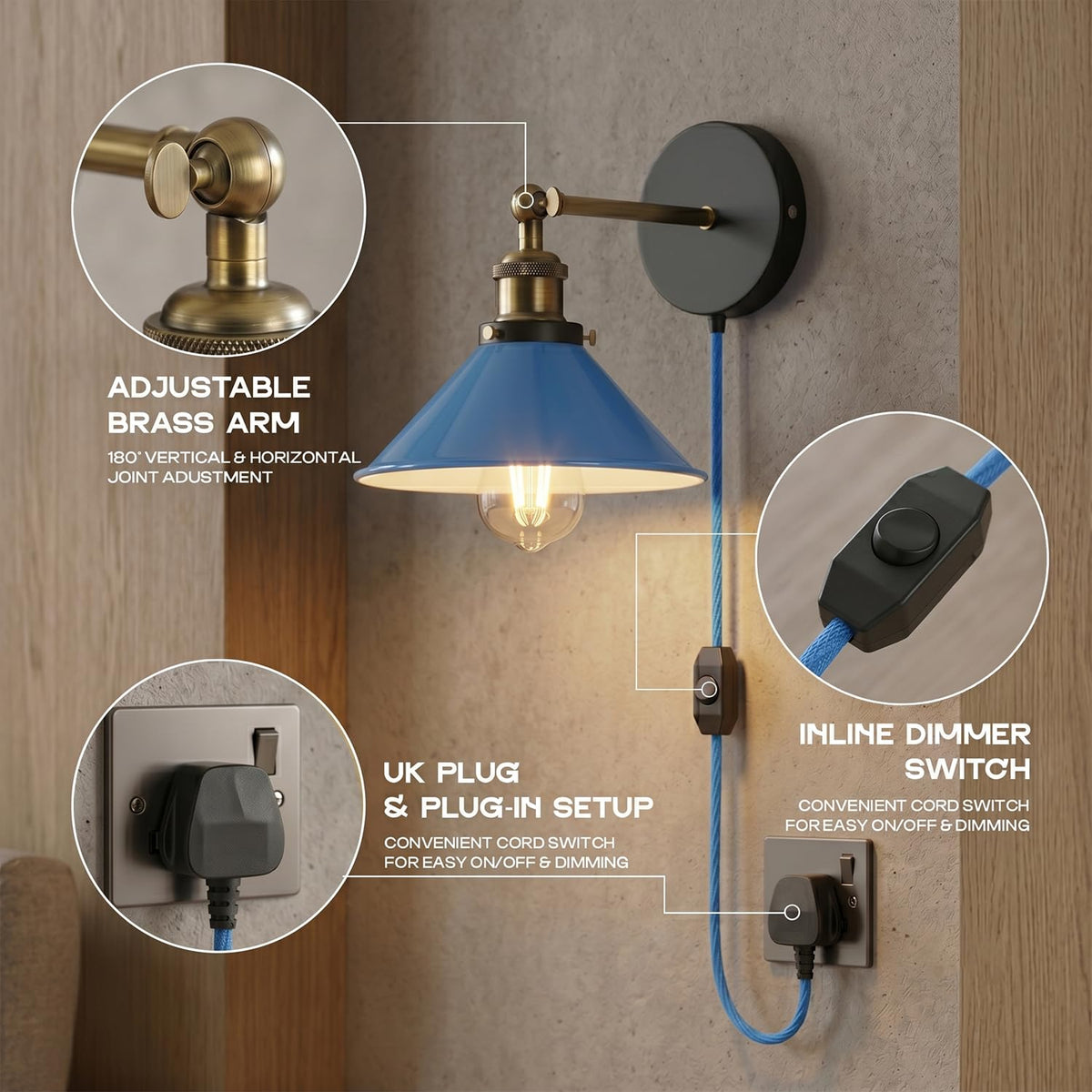 Industrial Plug-in Wall Light | Adjustable Brass Arm & Dimmer E27 ~1204