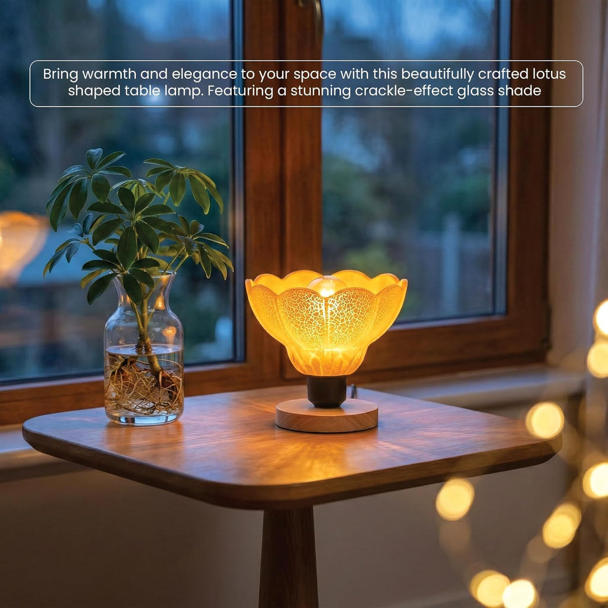 lotus-shaped table lamp with a crackle-effect glass shade and a wooden base